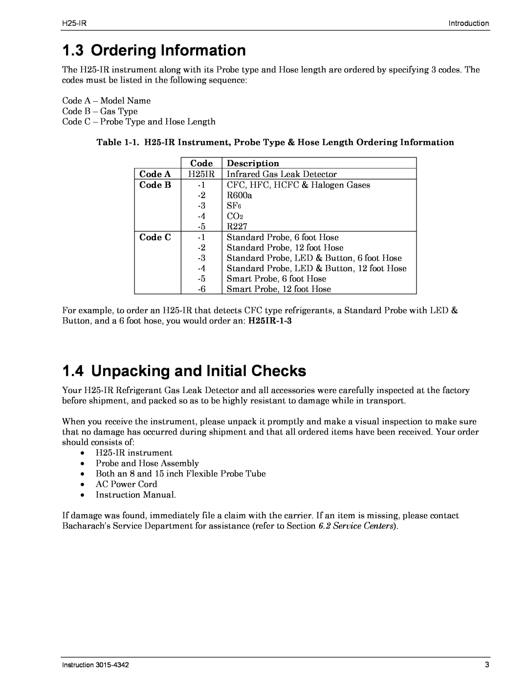 Bacharach H25-IR manual Ordering Information, Unpacking and Initial Checks, Description, Code A, Code B, Code C 