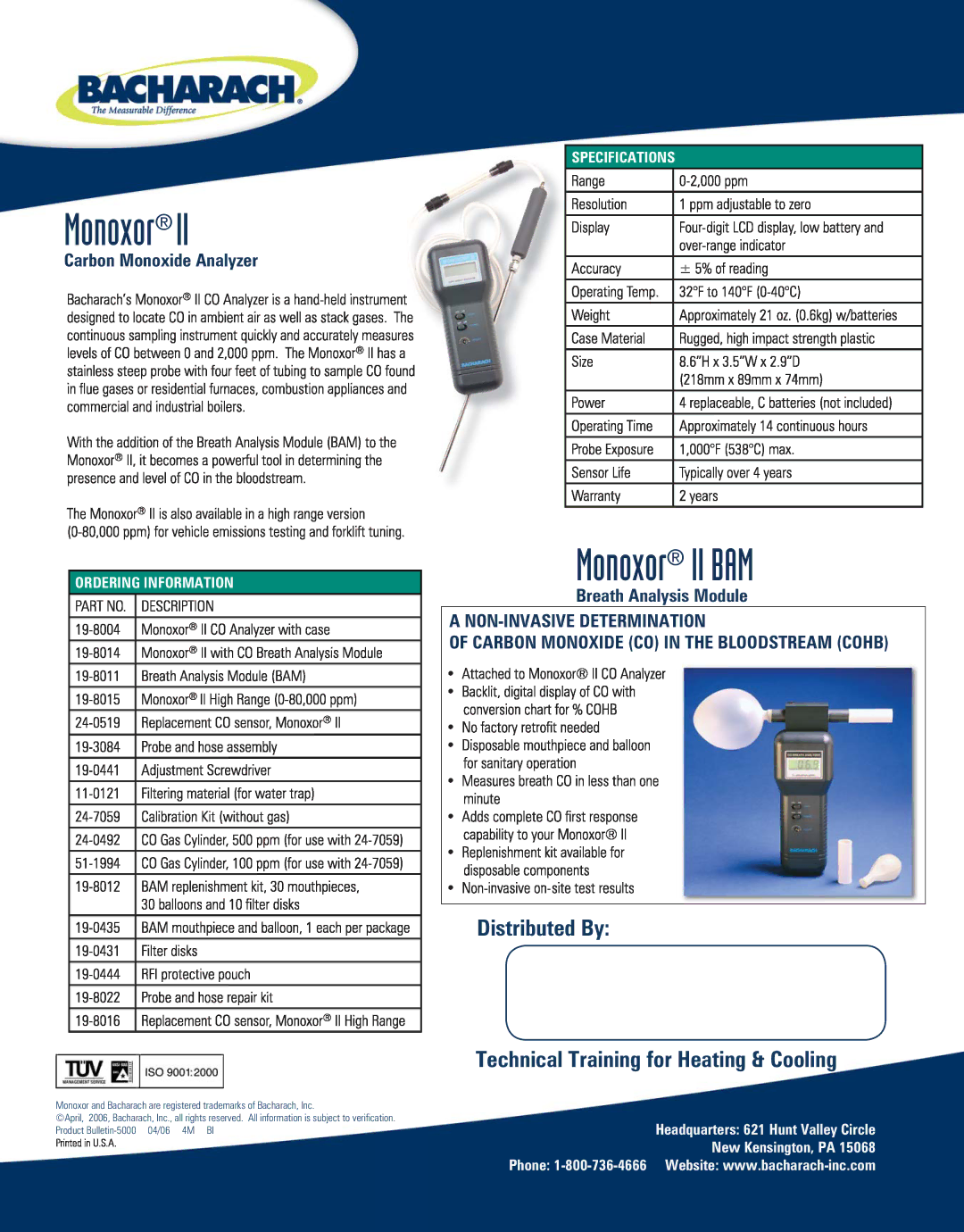 Bacharach III Monoxor II BAM, Distributed By Technical Training for Heating & Cooling, Breath Analysis Module 