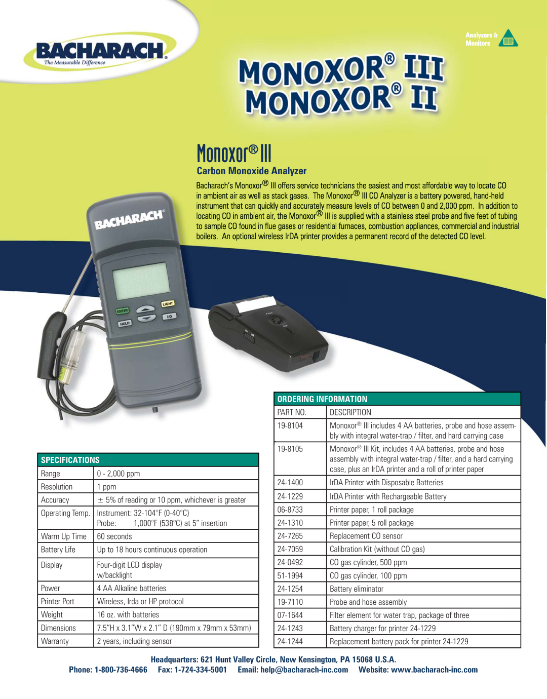 Bacharach III specifications Monoxor, Carbon Monoxide Analyzer, Ordering Information, Specifications, Probe 
