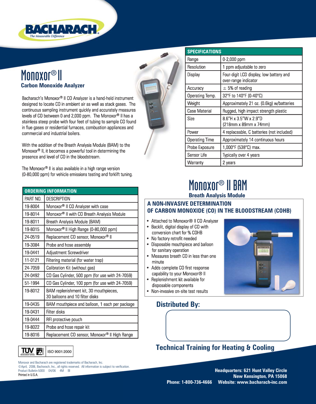 Bacharach III Monoxor II BAM, Breath Analysis Module, A Non-Invasivedetermination, Distributed By, Ordering Information 