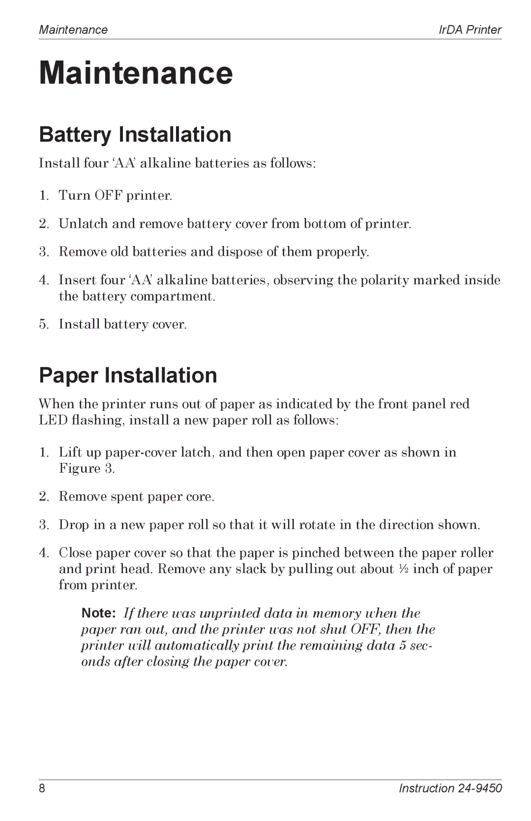 Bacharach Infrared Printer manual Maintenance, Battery Installation, Paper Installation 