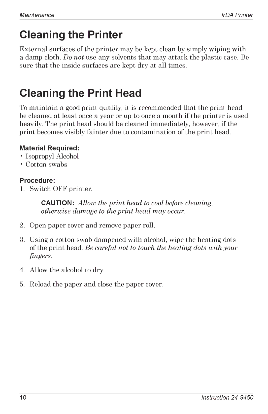 Bacharach Infrared Printer manual Cleaning the Printer, Cleaning the Print Head 