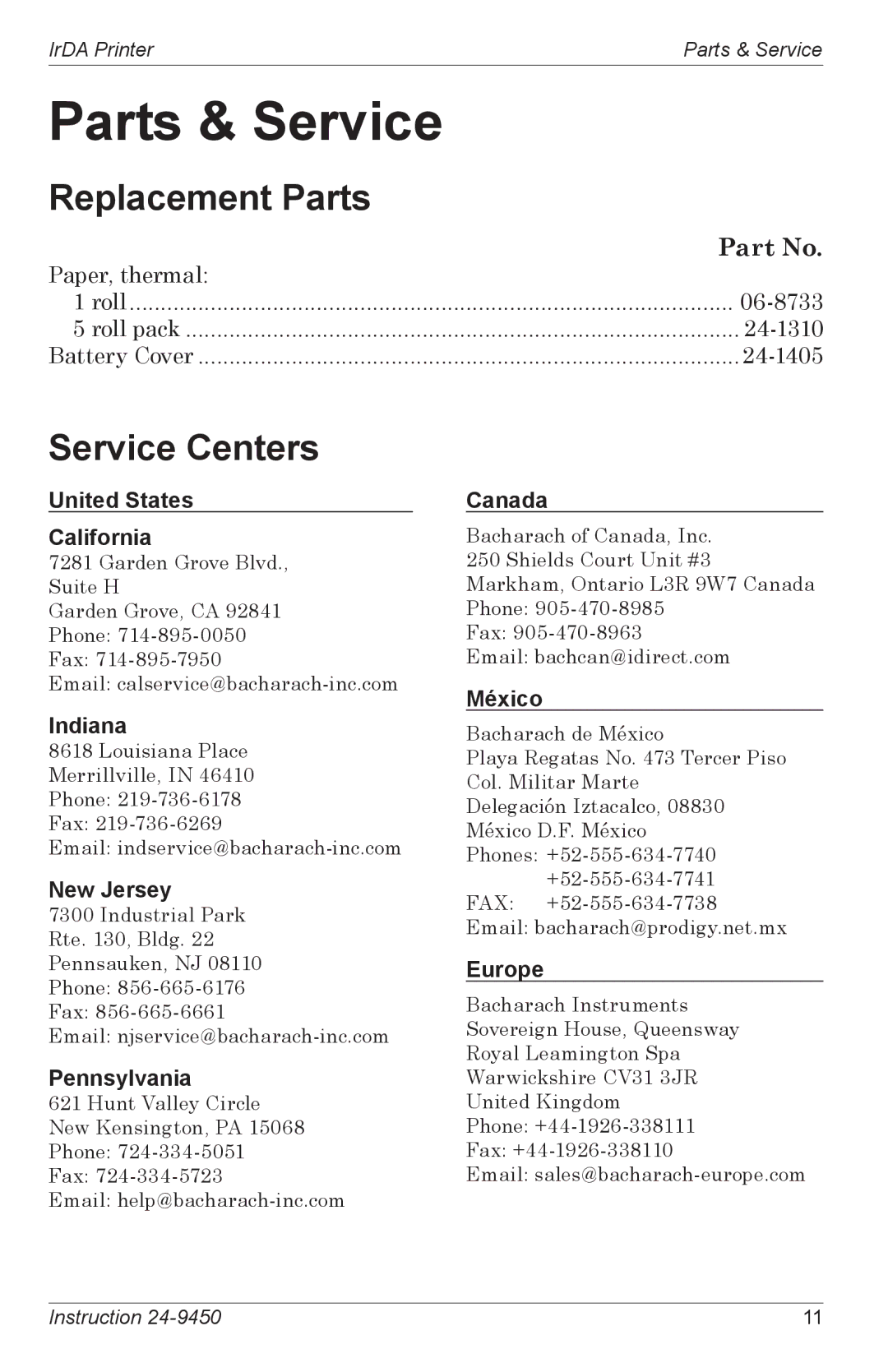 Bacharach Infrared Printer manual Parts & Service, Replacement Parts, Service Centers 