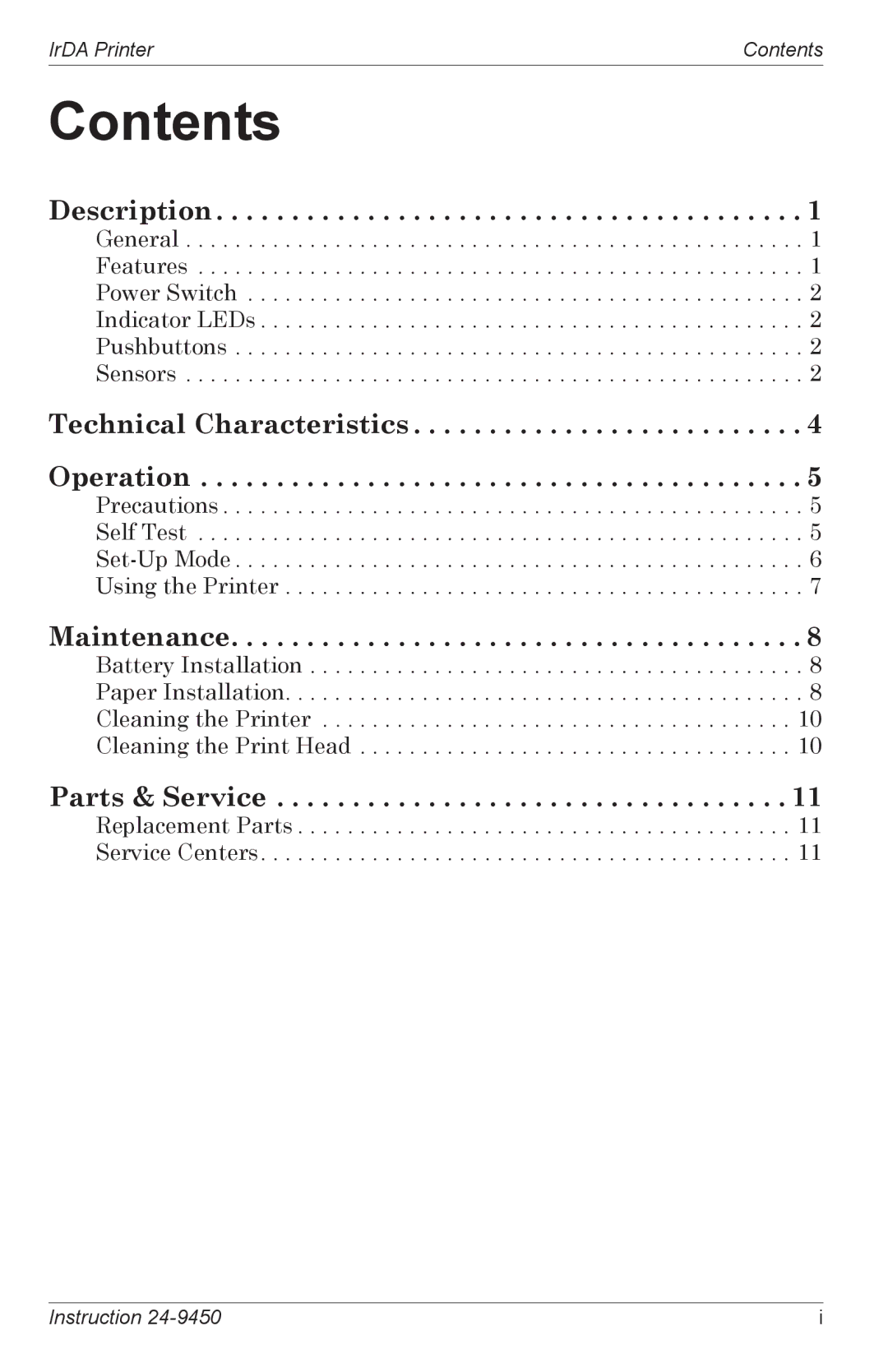 Bacharach Infrared Printer manual Contents 