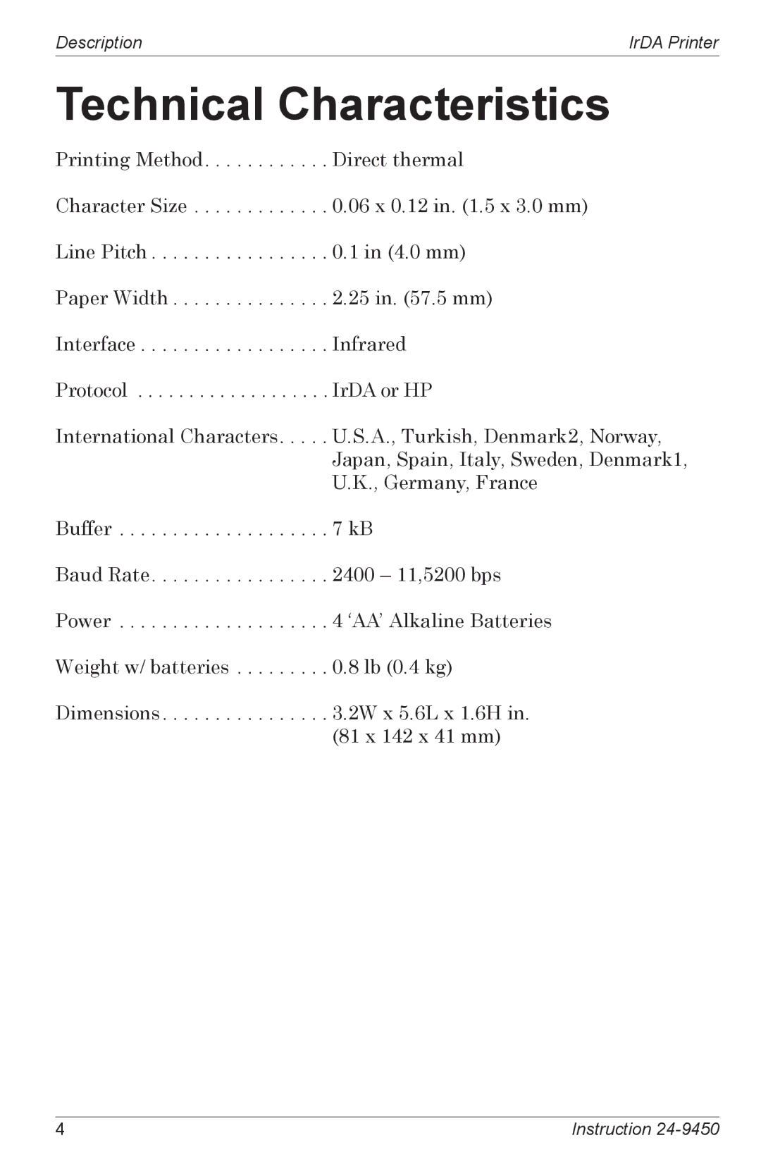 Bacharach Infrared Printer manual Technical Characteristics 