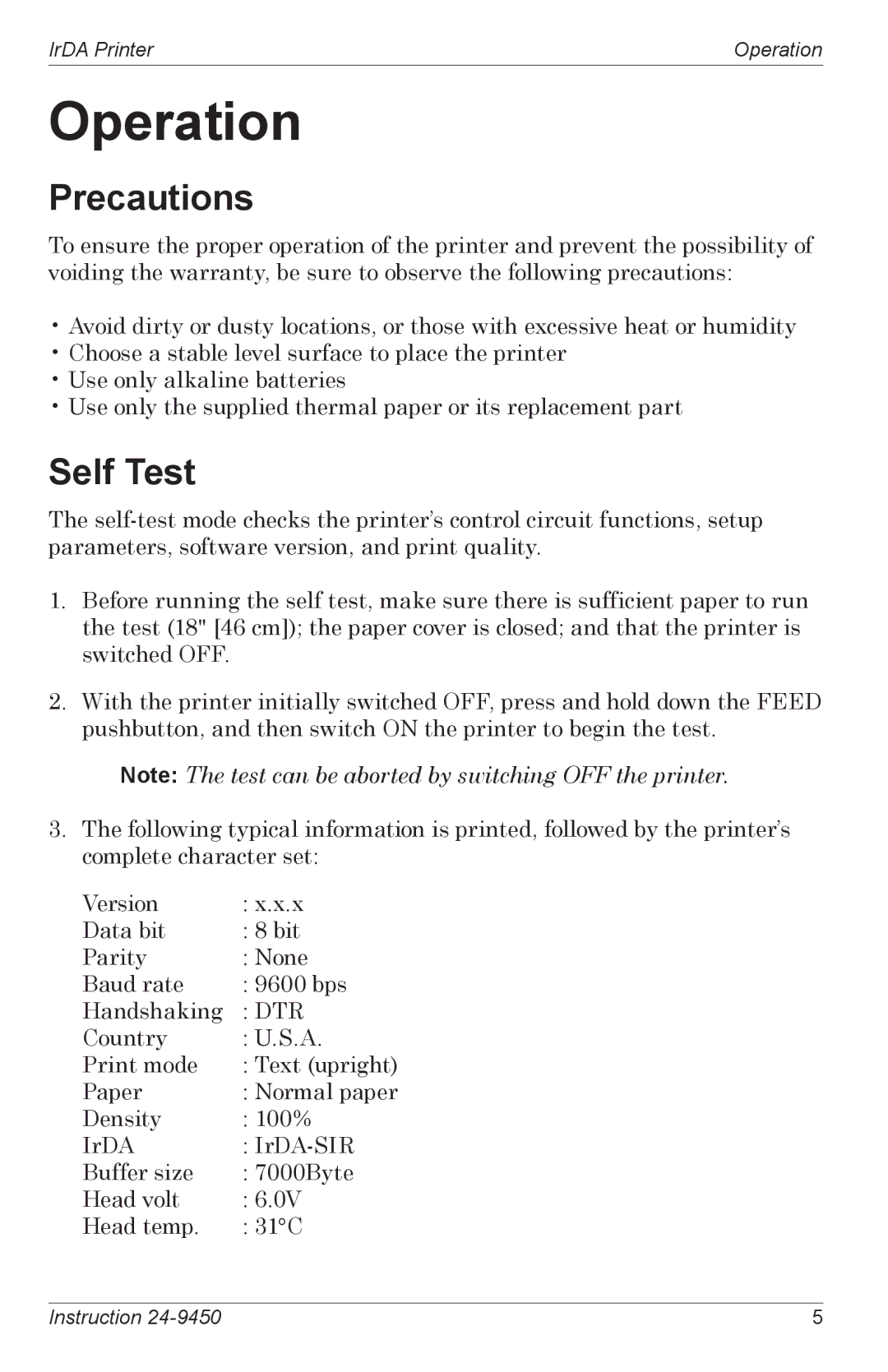 Bacharach Infrared Printer manual Operation, Precautions, Self Test 