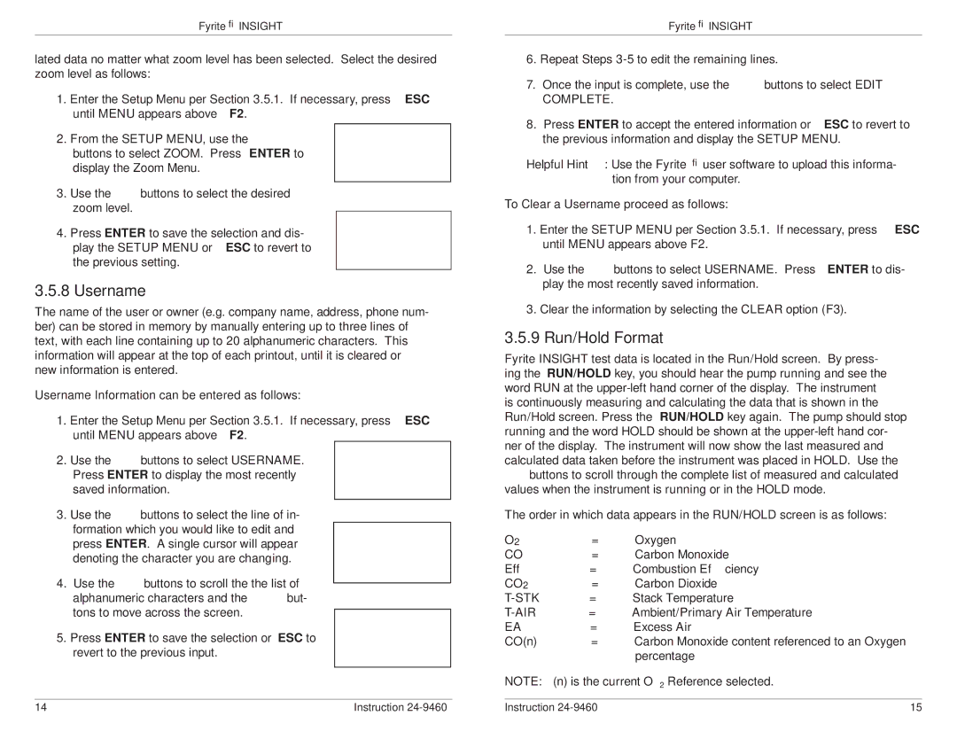 Bacharach INSIGHT manual Username, 9 Run/Hold Format 