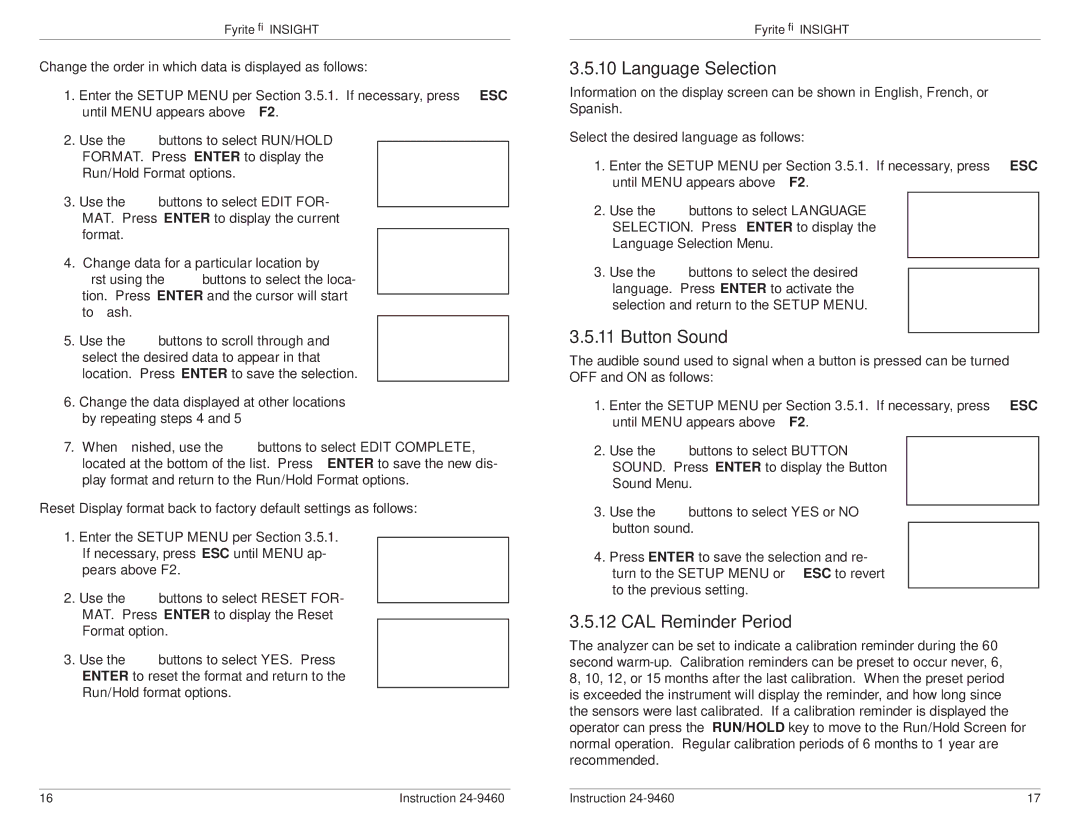 Bacharach INSIGHT manual Language Selection, Button Sound, CAL Reminder Period 