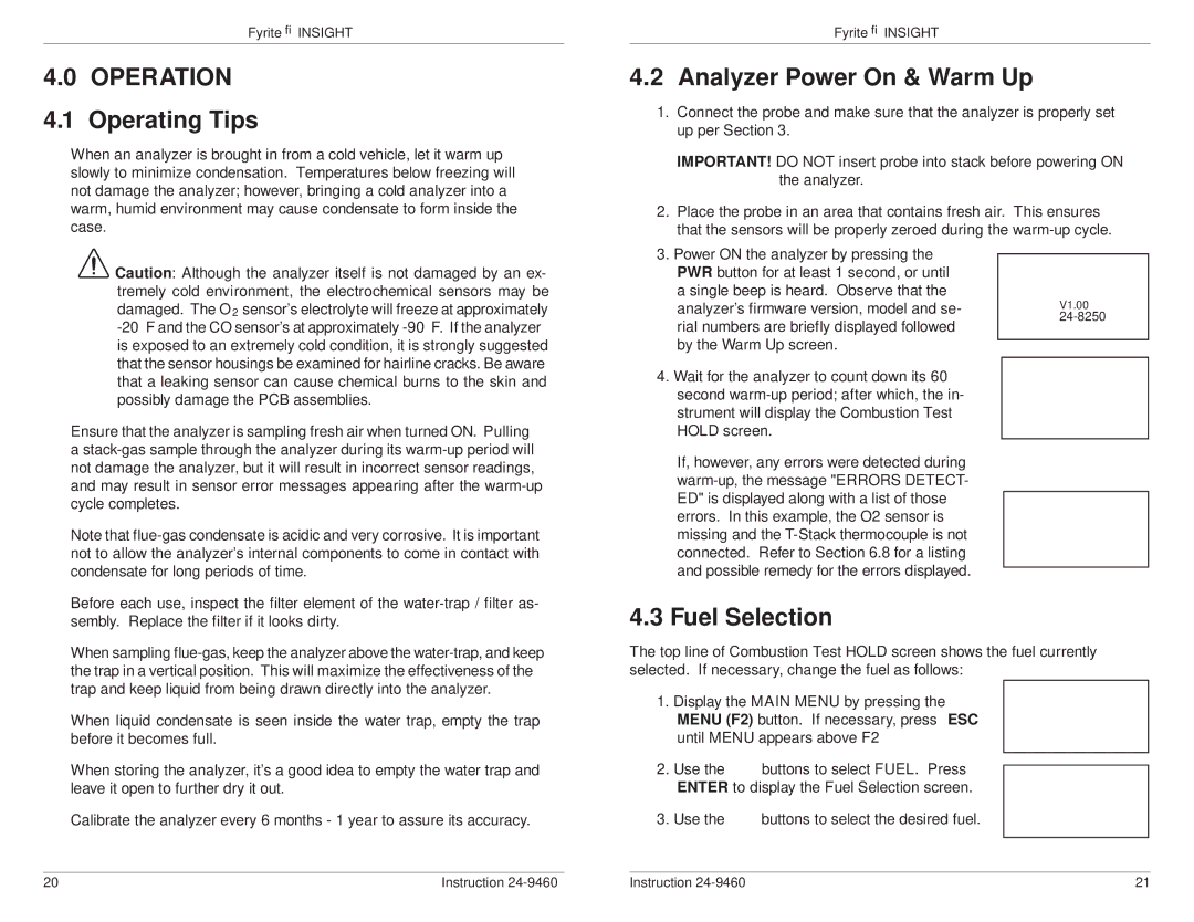 Bacharach INSIGHT manual Operation, Operating Tips, Analyzer Power On & Warm Up, Fuel Selection 