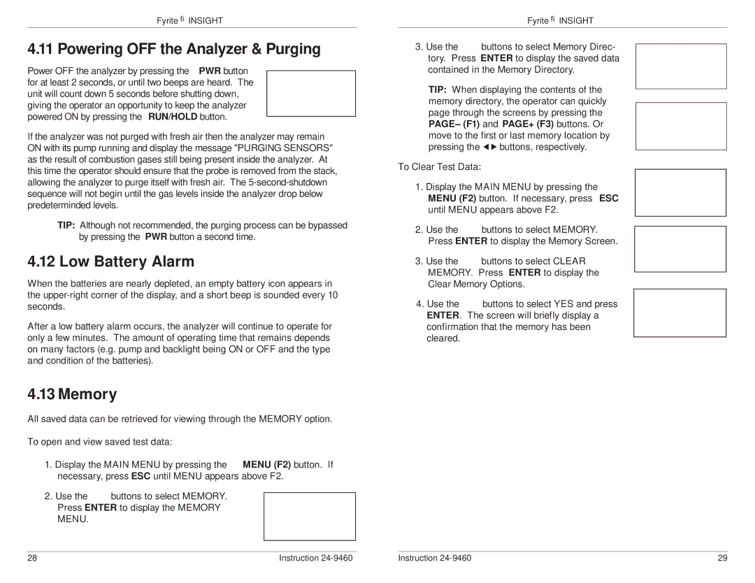 Bacharach INSIGHT manual Powering OFF the Analyzer & Purging, Low Battery Alarm, Memory 