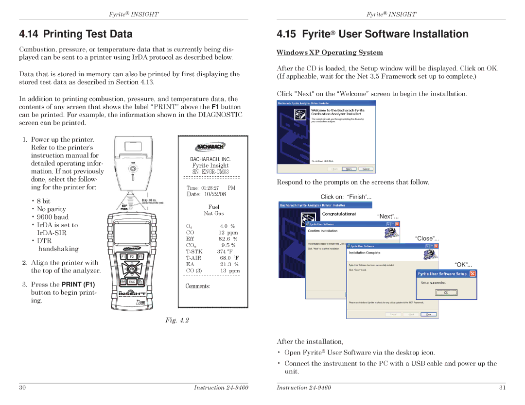 Bacharach INSIGHT Printing Test Data, Fyrite User Software Installation, Press the Print F1 button to begin print- ing 