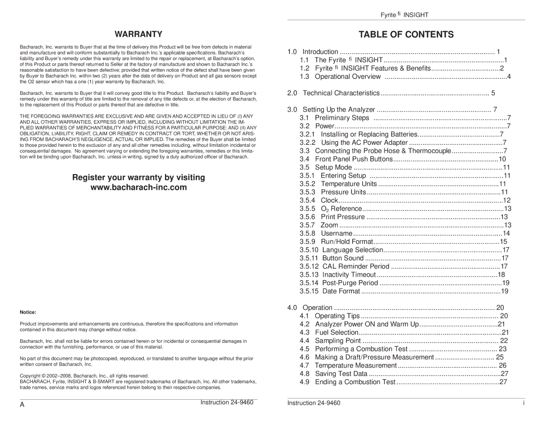 Bacharach INSIGHT manual Table of Contents 