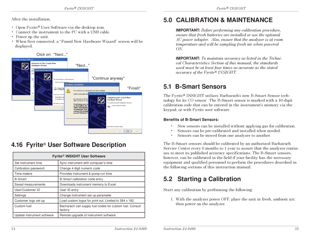 Bacharach INSIGHT manual Fyrite User Software Description, Calibration & Maintenance, Smart Sensors, Starting a Calibration 