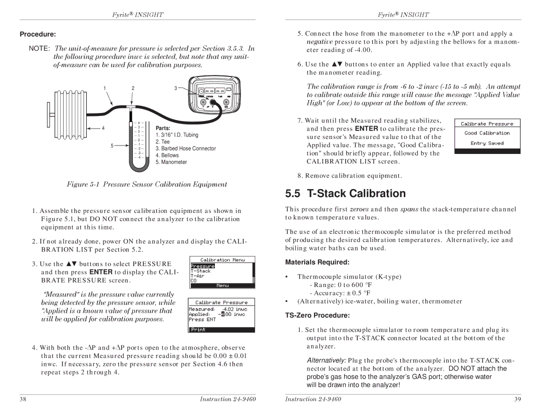 Bacharach INSIGHT manual Stack Calibration, TS-Zero Procedure 