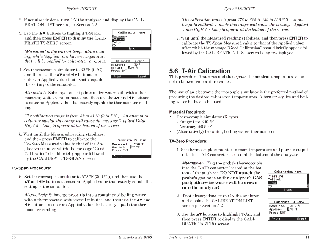 Bacharach INSIGHT manual Air Calibration, TS-Span Procedure, Material Required, TA-Zero Procedure 