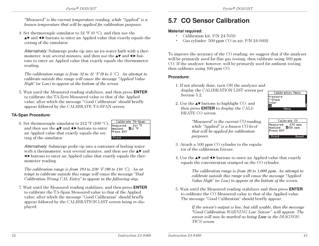 Bacharach INSIGHT manual CO Sensor Calibration, TA-Span Procedure 