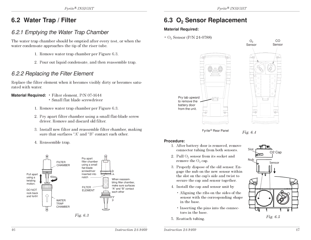 Bacharach INSIGHT manual Water Trap / Filter, O2 Sensor Replacement 