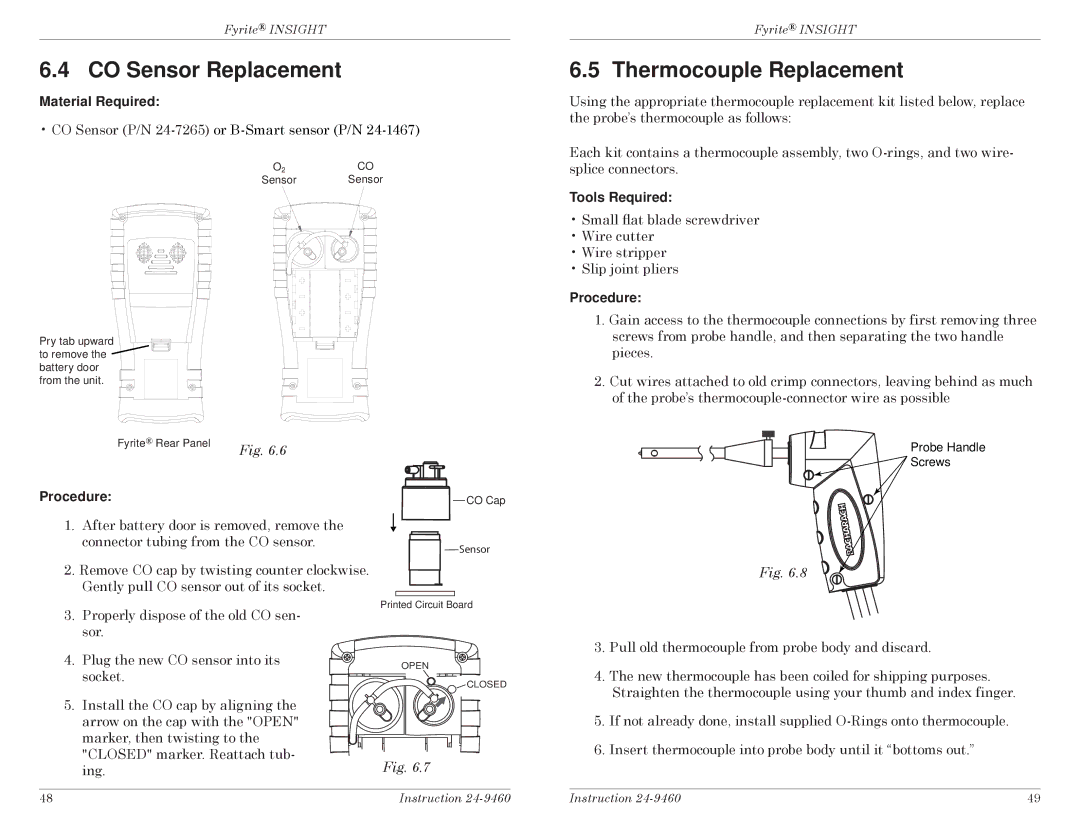 Bacharach INSIGHT manual CO Sensor Replacement, Thermocouple Replacement, Tools Required 