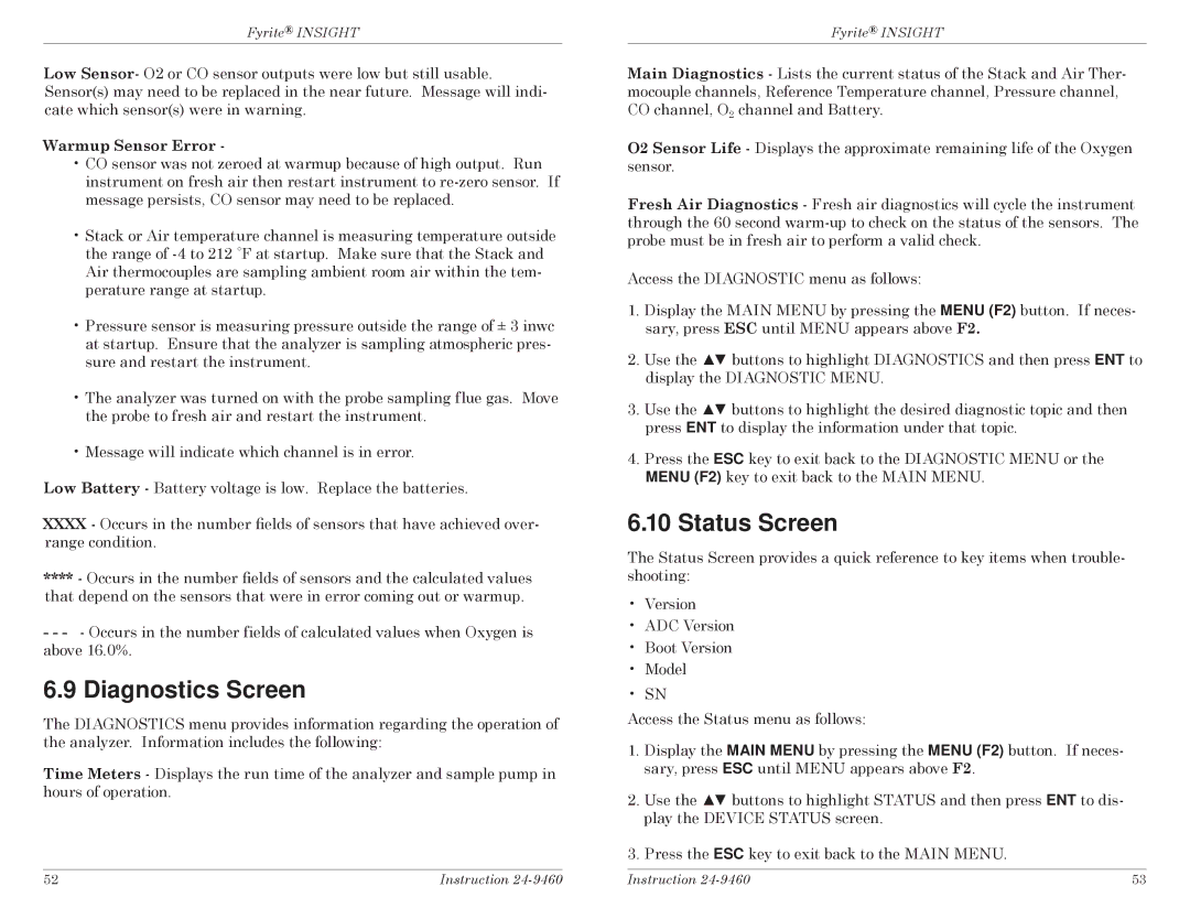 Bacharach INSIGHT manual Diagnostics Screen, Status Screen 