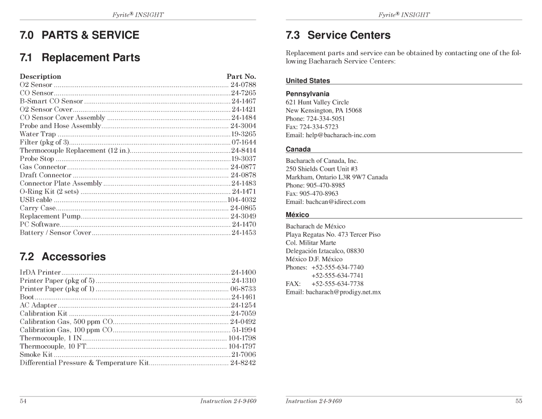 Bacharach INSIGHT manual Service Centers, United States Pennsylvania, Canada, México 