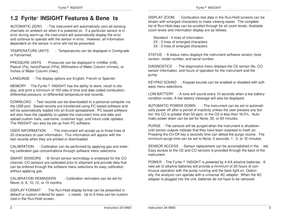 Bacharach INSIGHT manual Fyrite Insight Features & Beneﬁts 