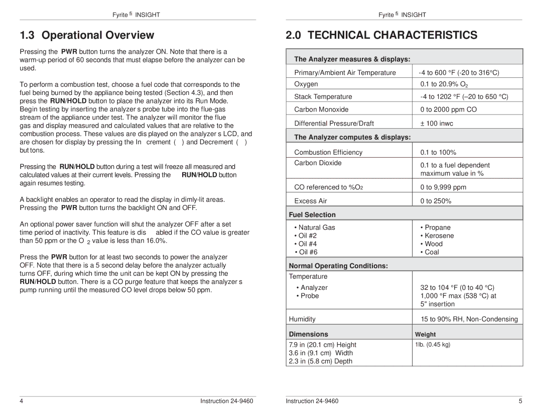 Bacharach INSIGHT manual Operational Overview, Technical Characteristics 