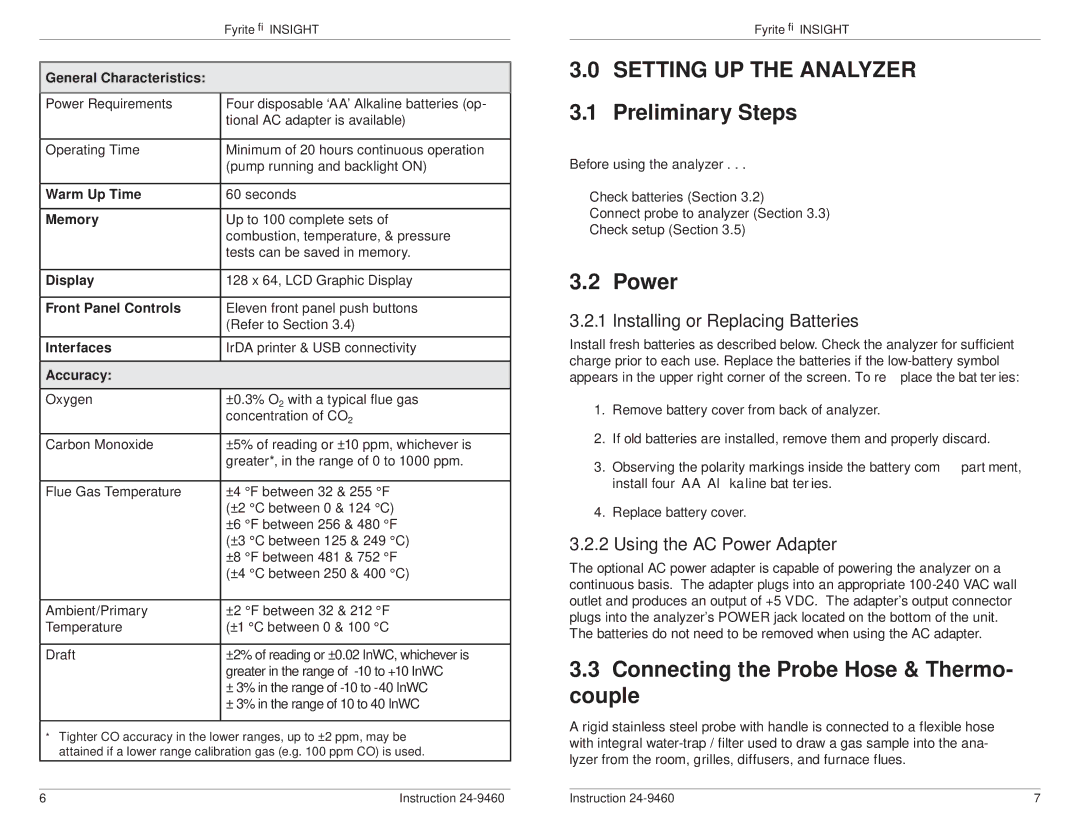 Bacharach INSIGHT manual Setting UP the Analyzer, Preliminary Steps, Power, Connecting the Probe Hose & Thermo- couple 