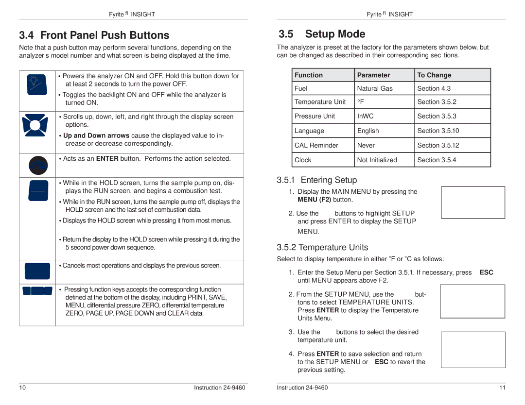 Bacharach INSIGHT manual Front Panel Push Buttons, Setup Mode, Entering Setup, Temperature Units 