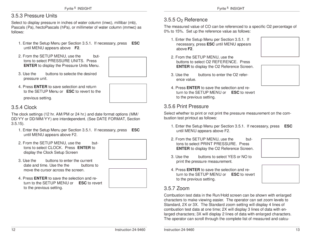 Bacharach INSIGHT manual Pressure Units, Clock, 5 O2 Reference, Print Pressure, Zoom 