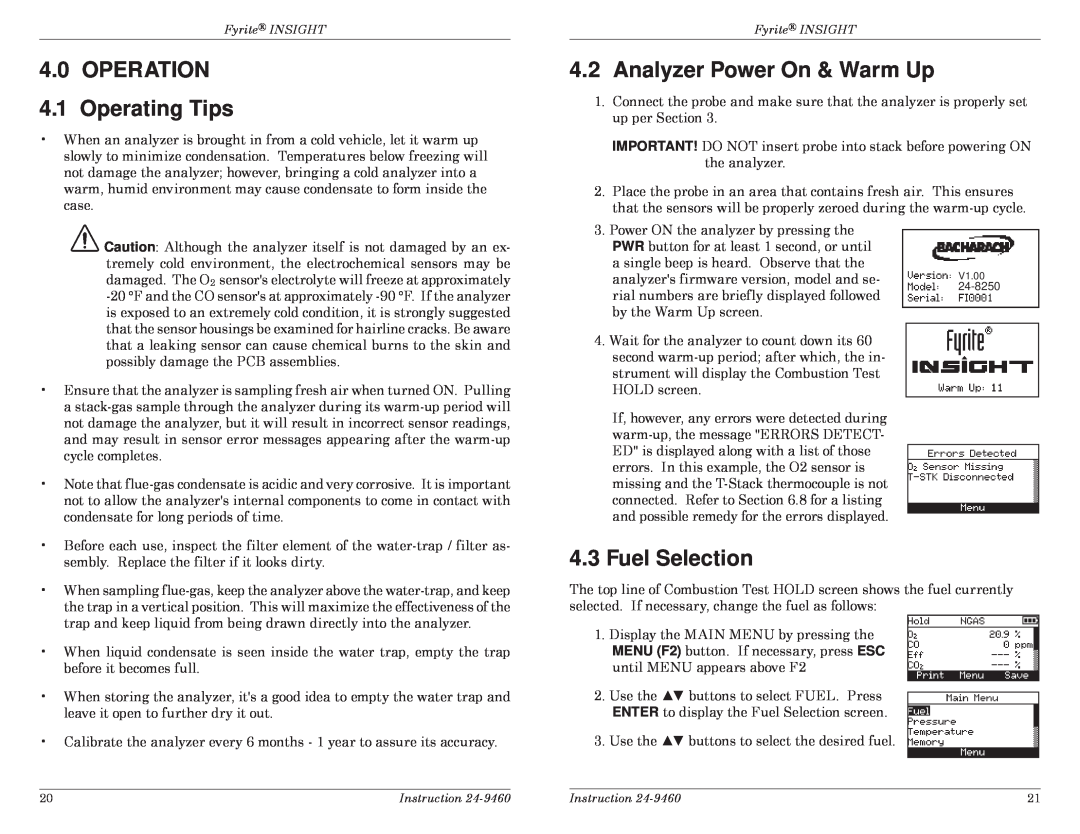 Bacharach INSIGHT manual 4.0OPERATION 4.1Operating Tips, 4.2Analyzer Power On & Warm Up, Fuel Selection 