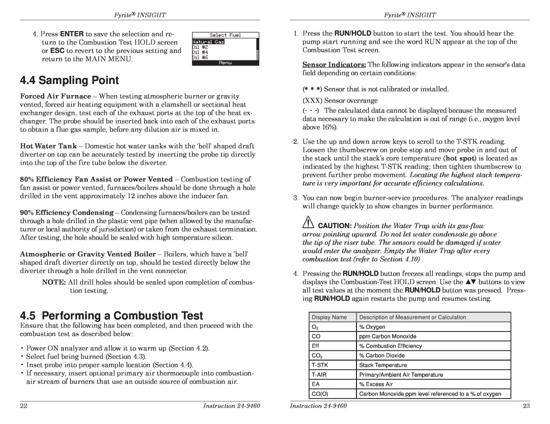 Bacharach INSIGHT manual 4.4Sampling Point, Performing a Combustion Test 