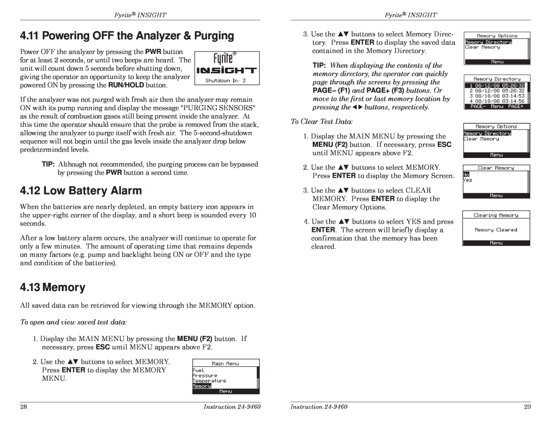 Bacharach INSIGHT manual Powering OFF the Analyzer & Purging, Low Battery Alarm, Memory 
