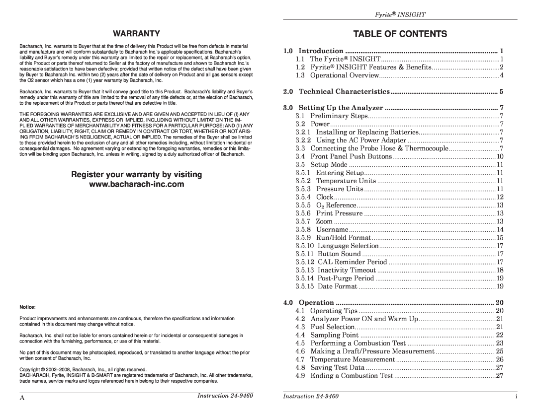 Bacharach INSIGHT manual Warranty, Register your warranty by visiting, Table Of Contents 