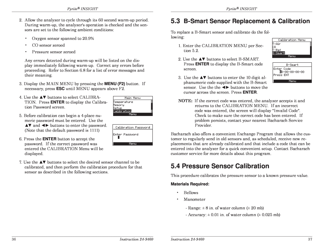 Bacharach INSIGHT manual Pressure Sensor Calibration, Materials Required, 5.3B-SmartSensor Replacement & Calibration 