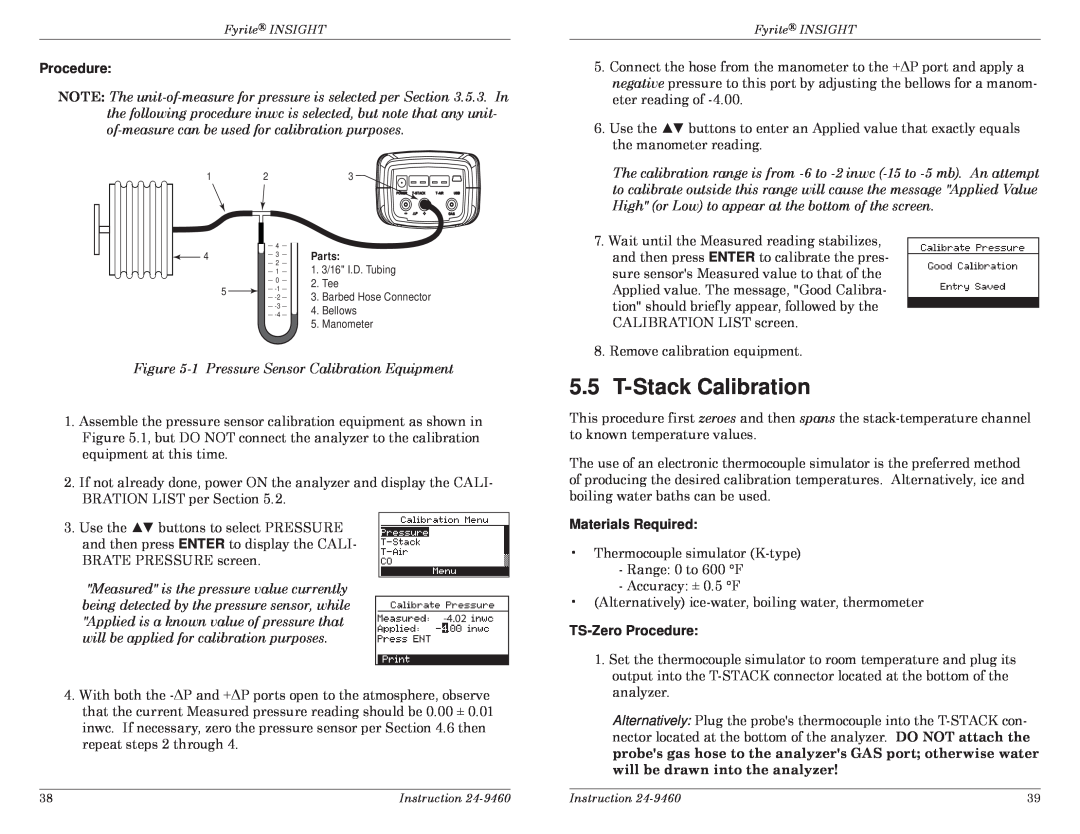 Bacharach INSIGHT manual T-StackCalibration, TS-ZeroProcedure, Materials Required 