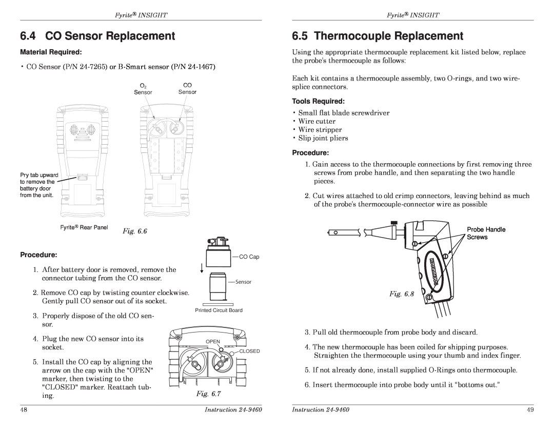 Bacharach INSIGHT manual CO Sensor Replacement, Thermocouple Replacement, Tools Required, Material Required, Procedure 