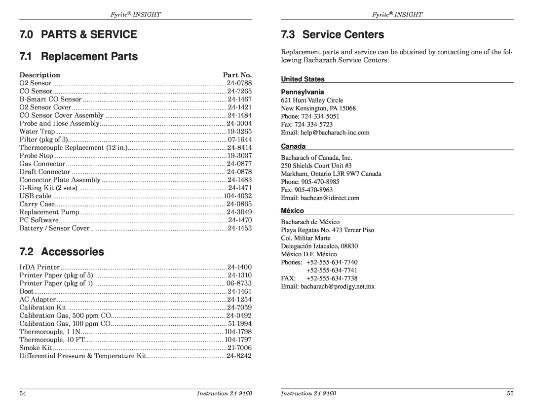 Bacharach INSIGHT Service Centers, Description, United States Pennsylvania, Canada, México, Parts & Service, Accessories 