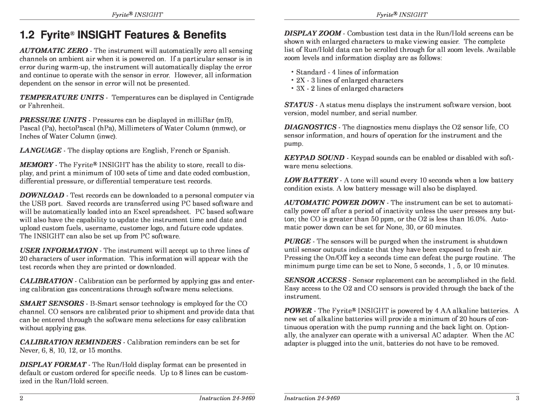 Bacharach manual Fyrite INSIGHT Features & Beneﬁts 