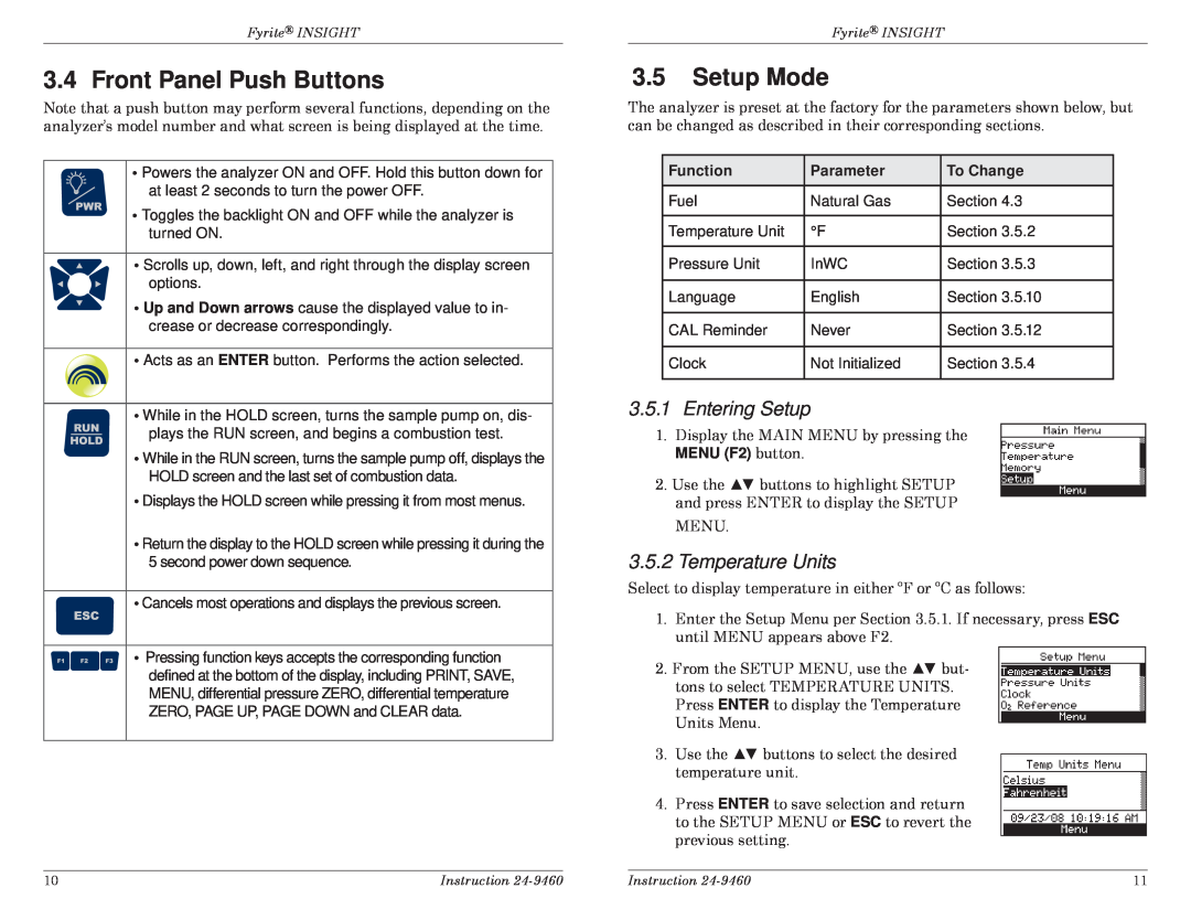 Bacharach INSIGHT manual Front Panel Push Buttons, 3.5Setup Mode, Entering Setup, Temperature Units, Function, Parameter 