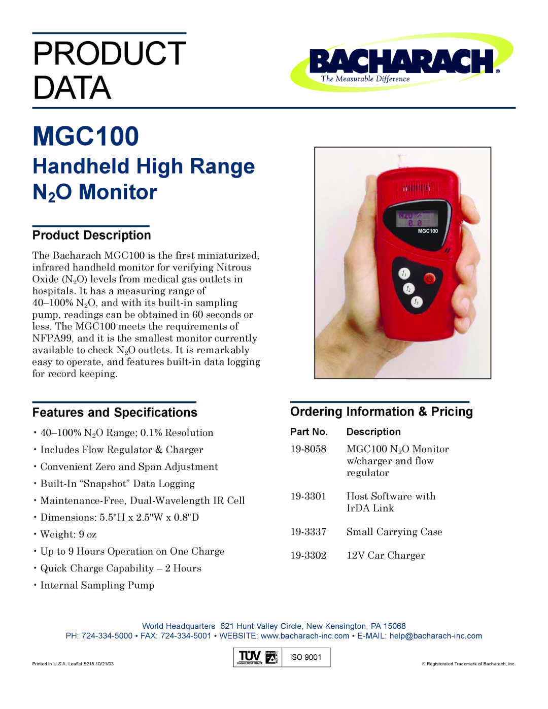 Bacharach MGC100 specifications Product Data, Handheld High Range N2O Monitor 