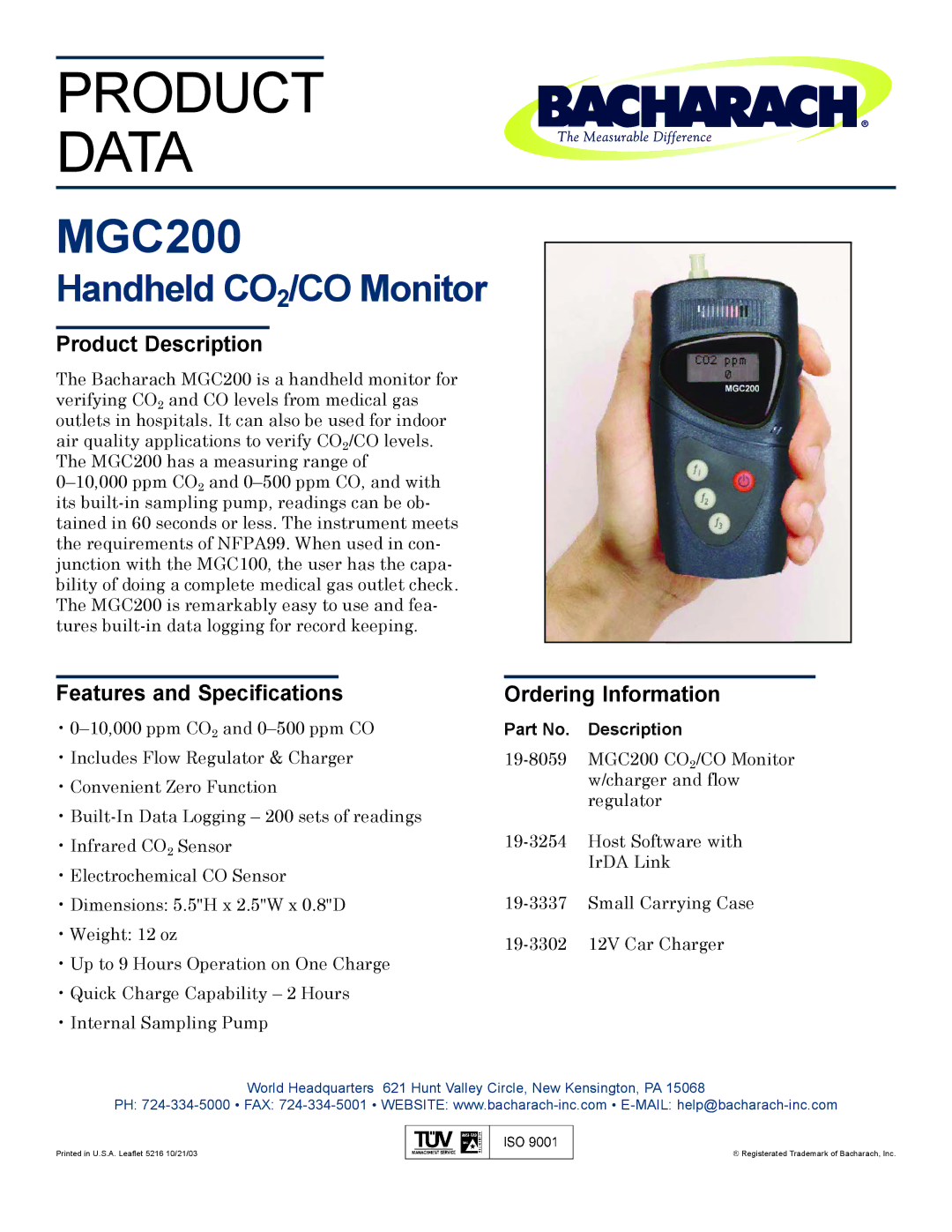 Bacharach MGC200 specifications Product Data, Handheld CO2/CO Monitor 