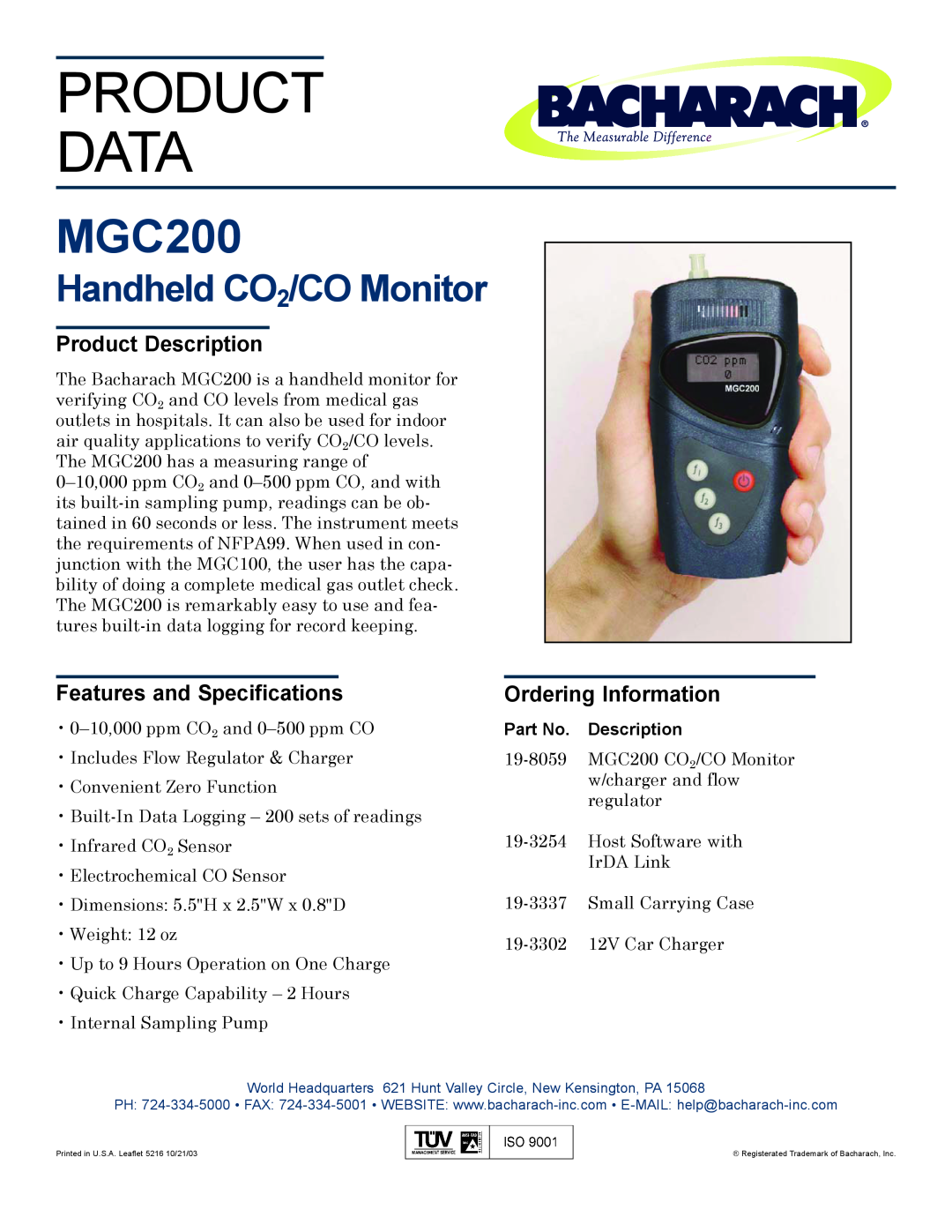 Bacharach MGC200 specifications Product Data, Handheld CO2/CO Monitor, Product Description, Features and Specifications 