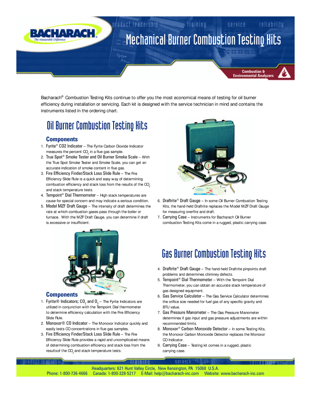 Bacharach MZF manual Mechanical Burner Combustion Testing Kits, Gas Burner Combustion Testing Kits, Components 