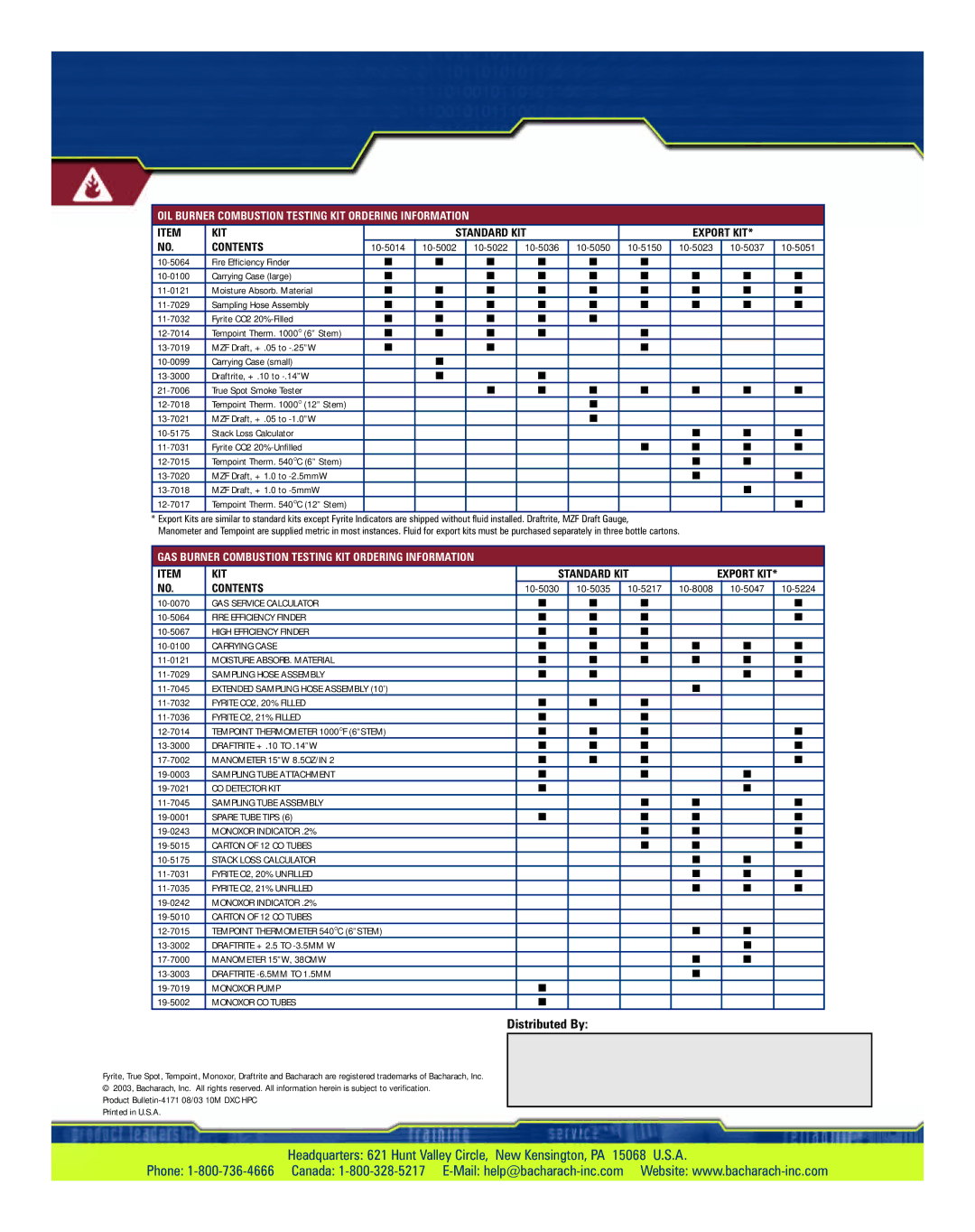 Bacharach MZF Distributed By, OIL Burner Combustion Testing KIT Ordering Information, KIT Standard KIT Export KIT Contents 