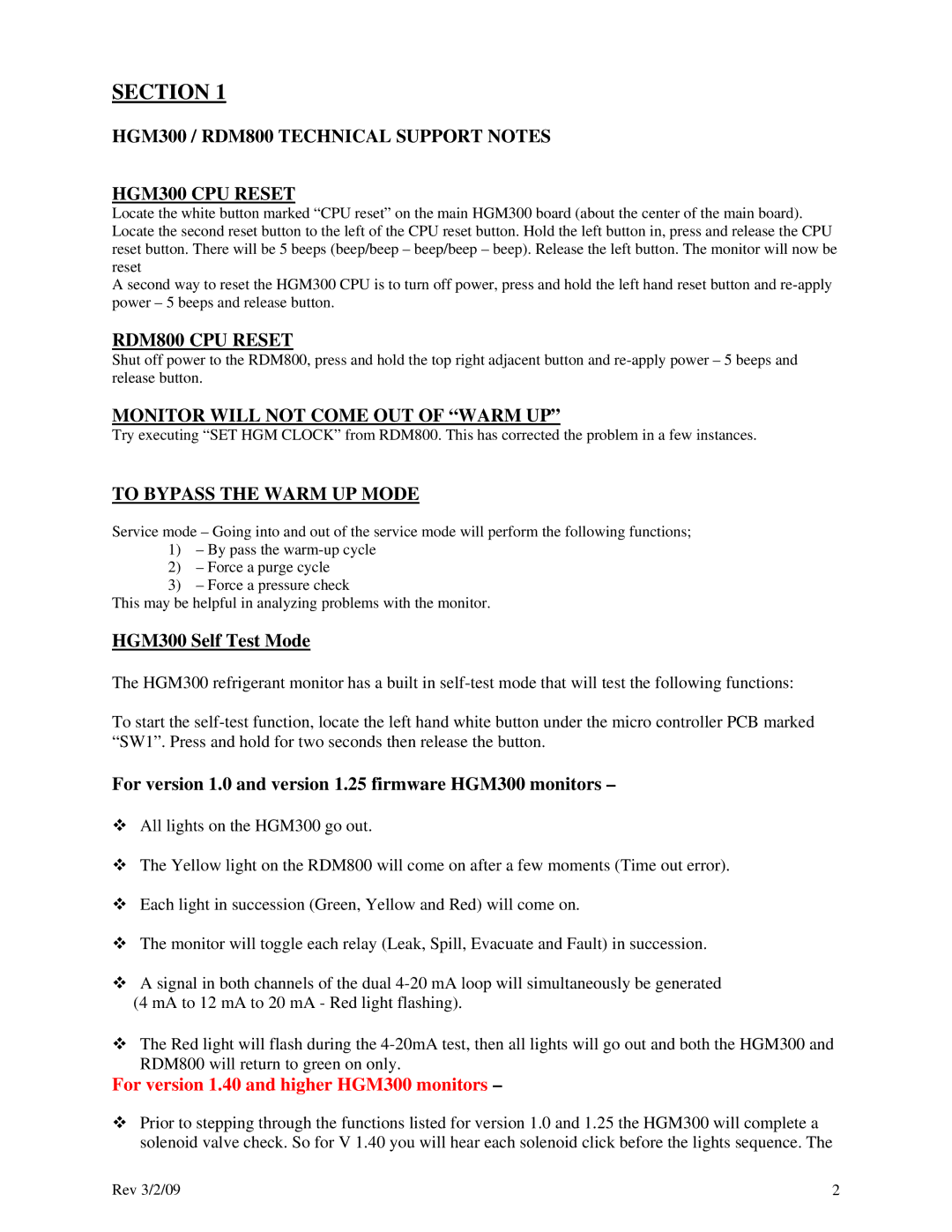 Bacharach HGM300 / RDM800 Technical Support Notes HGM300 CPU Reset, RDM800 CPU Reset, To Bypass the Warm UP Mode 