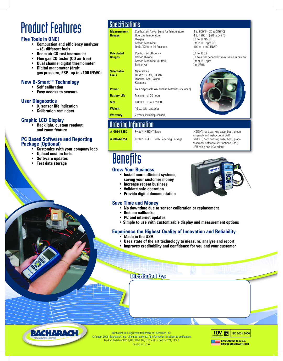 Bacharach Residential Combustion Analyzer manual Specifications, Ordering Information 