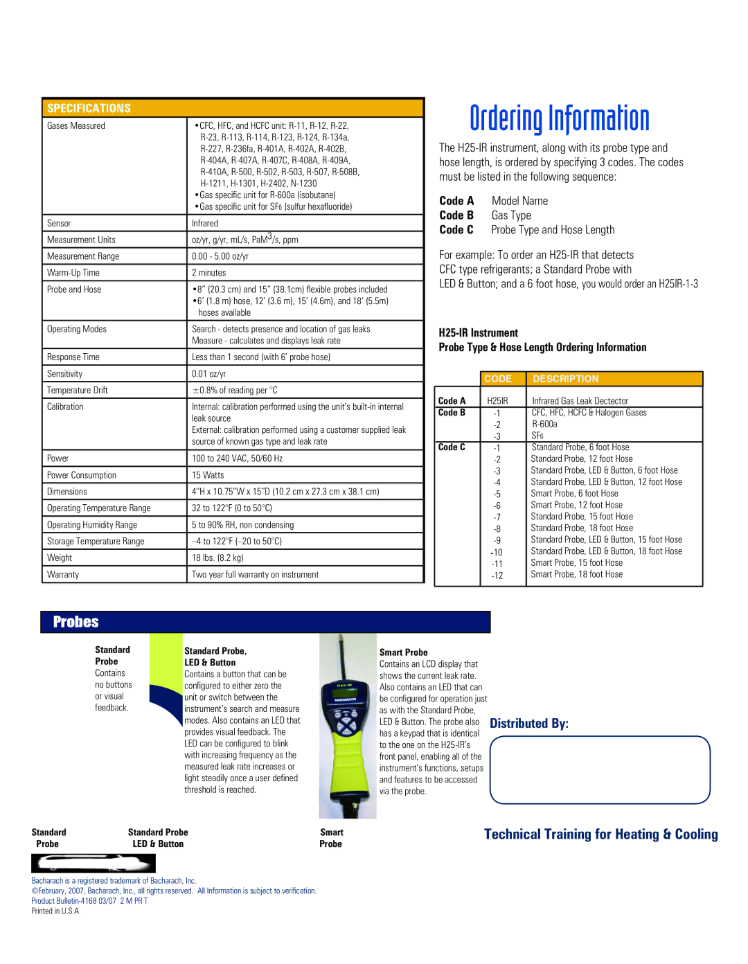 Bacharach SF6, R-600a warranty Code a, Code B, Code C, Standard Standard Probe LED & Button, Smart Probe 