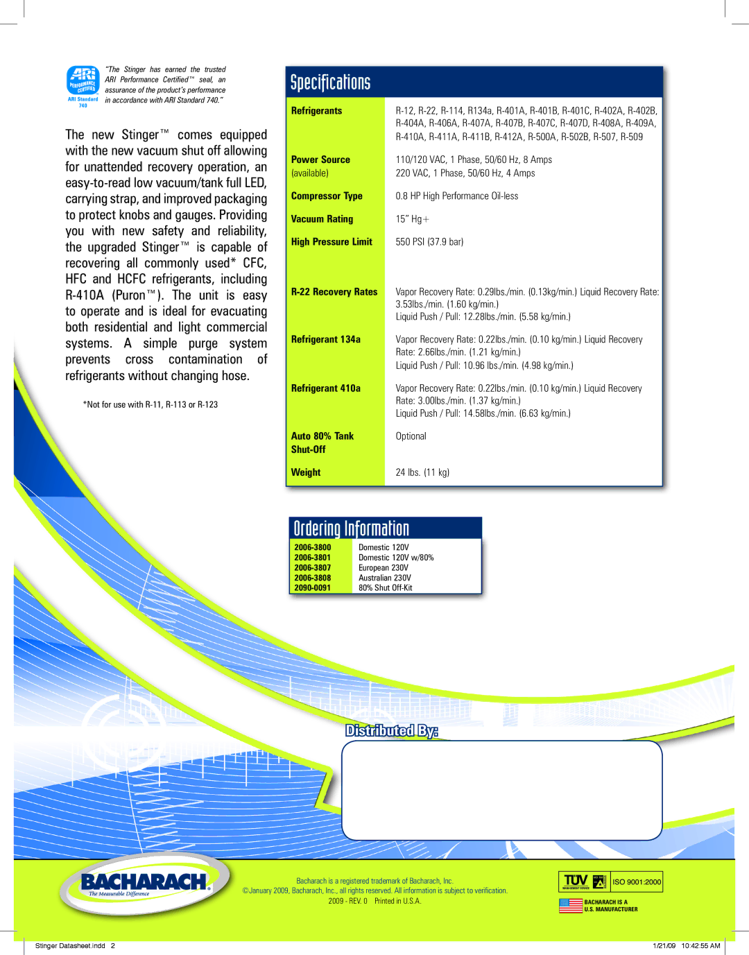 Bacharach Stinger warranty Specifications, Ordering Information 