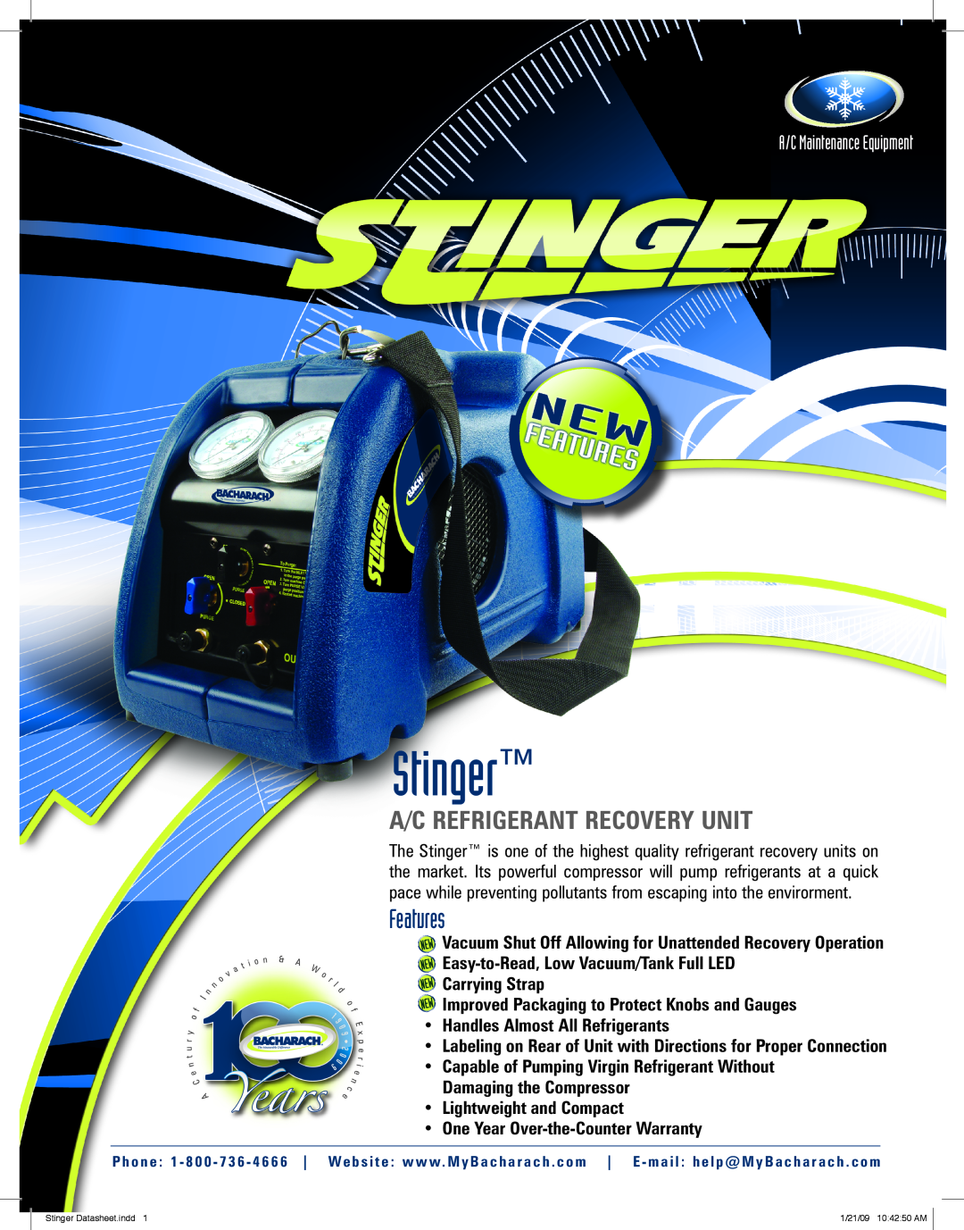 Bacharach Stinger warranty Features, A/C Refrigerant recovery unit, A/C Maintenance Equipment 