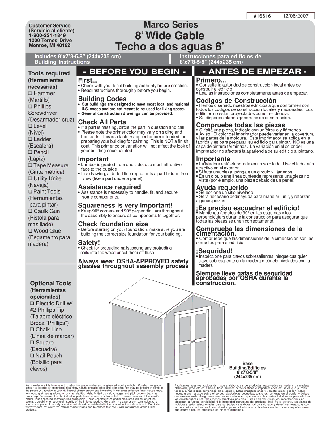 Backyard Storage Solutions 18276-1, 16616 manual ’ Wide Gable Techo a dos aguas 8’ 